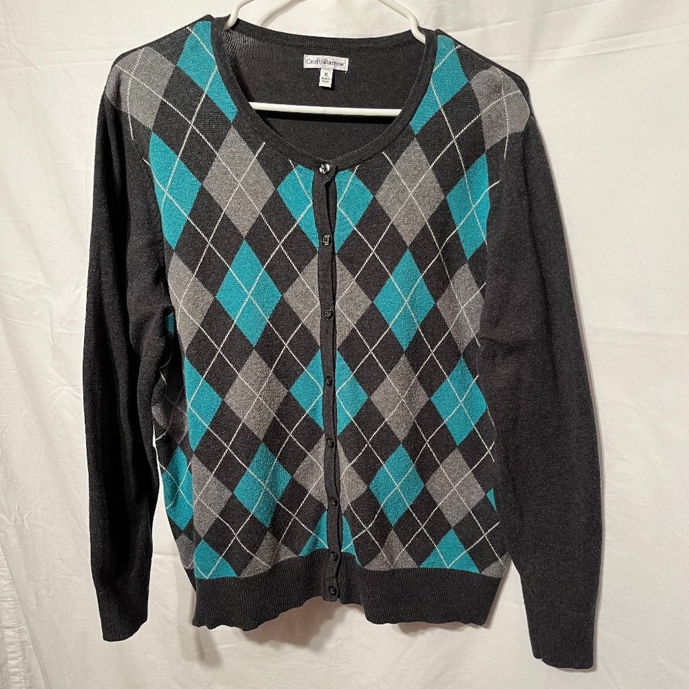 Croft & Barrow  Womans Long-Sleeved Cardigan Sweater. Dark Grey/Argyle. XL.